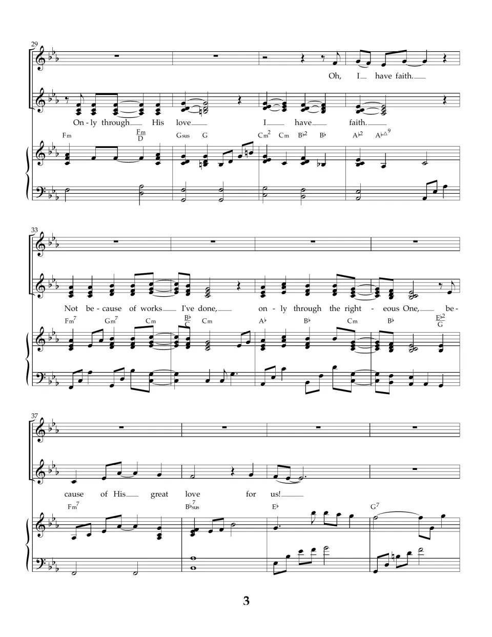 Song score bars 29-40: Kids sing 'Oh, I have faith' over Ladies; Ladies sing 'Not because of works I've done' to 'for us!'