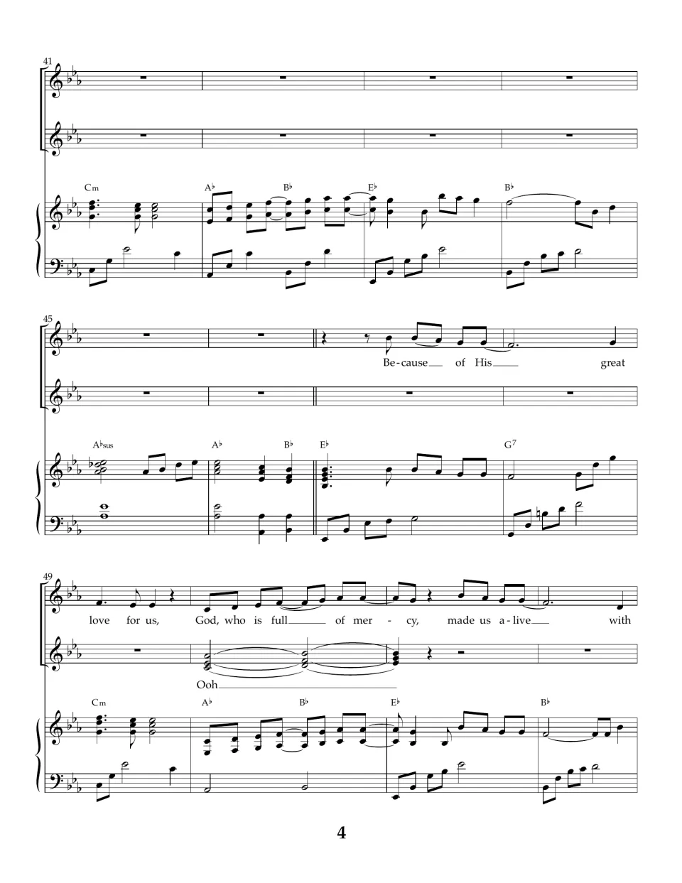 Song score bars 41-52: piano interlude, then solo returns with the verse on mercy while Ladies hold an 'Ooh' backing line