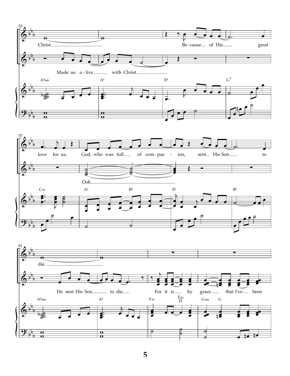 Song score bars 53-64: solo verse 'sent His Son to die' with Ladies echoing, then Ladies begin 'For it is by grace'