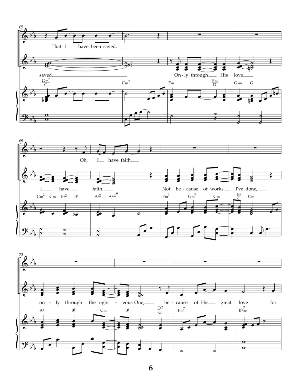 Song score bars 65-76: Kids sing 'That I have been saved' and 'Oh, I have faith'; Ladies sing 'Only through His love'