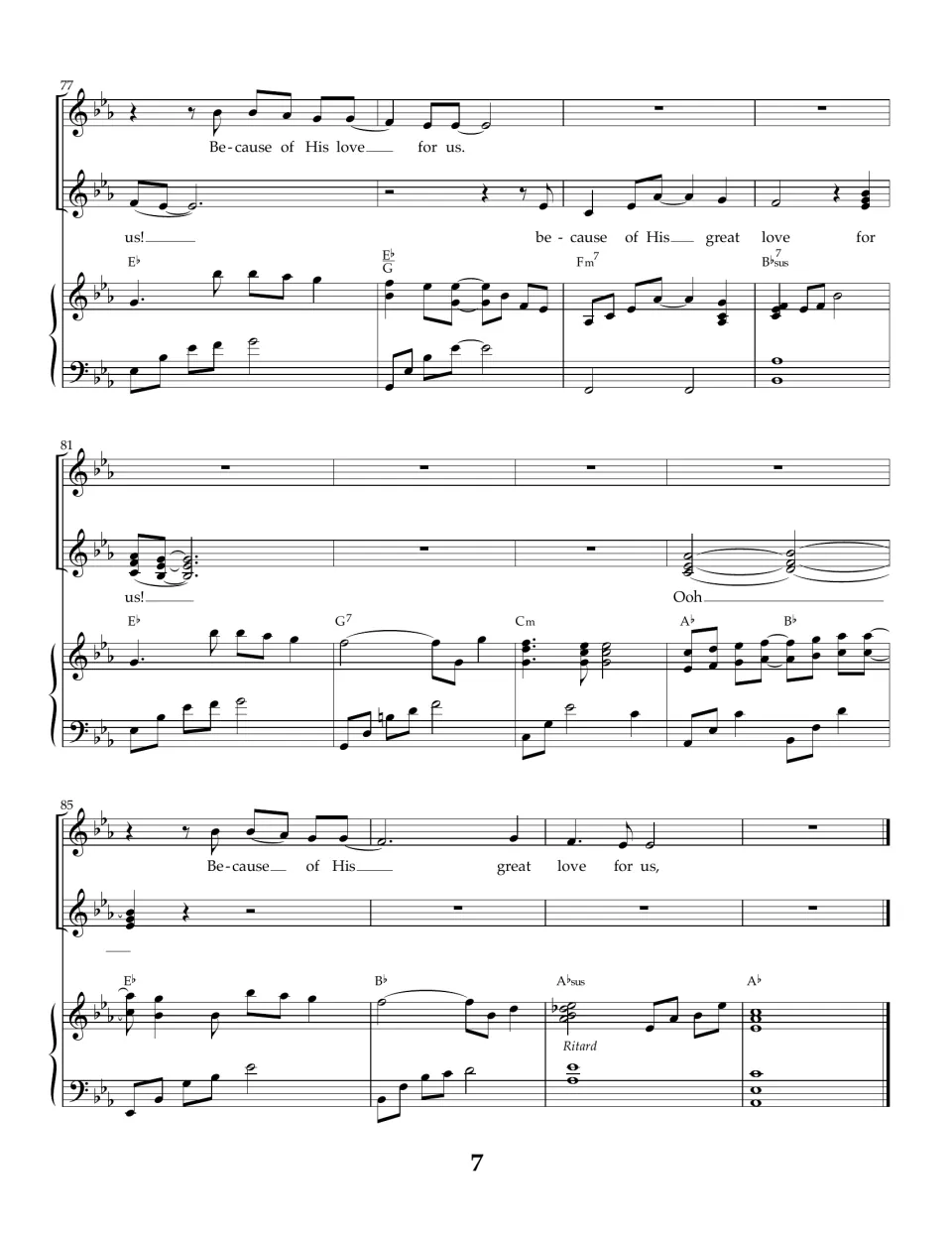 Song score bars 77-88: closing 'for us' phrases, Ladies 'Ooh' and piano ending marked Ritard on an A-flat chord