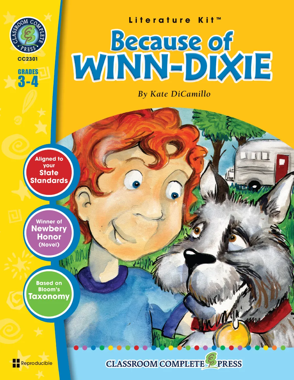 Literature kit cover for Because of Winn-Dixie by Kate DiCamillo, labeled for grades 3–4 and reproducible
