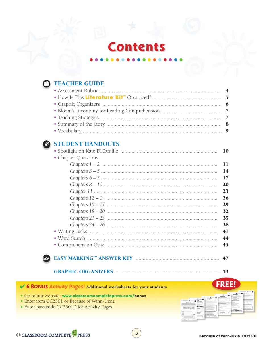 Contents lists teacher guidance, ten chapter question groups, writing tasks, a quiz, and an answer key