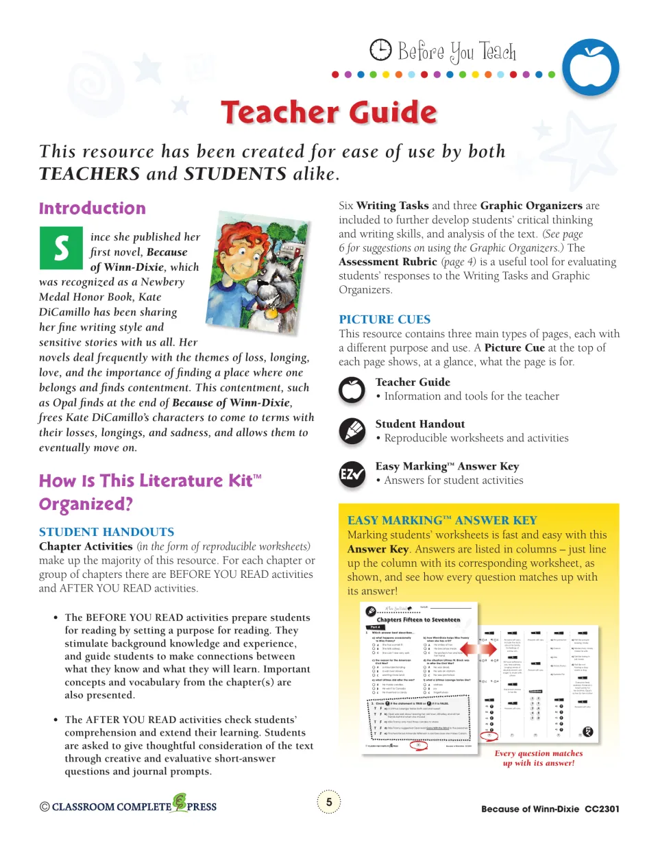 Teacher guide explains before- and after-reading activities, six writing tasks, and three graphic organizers