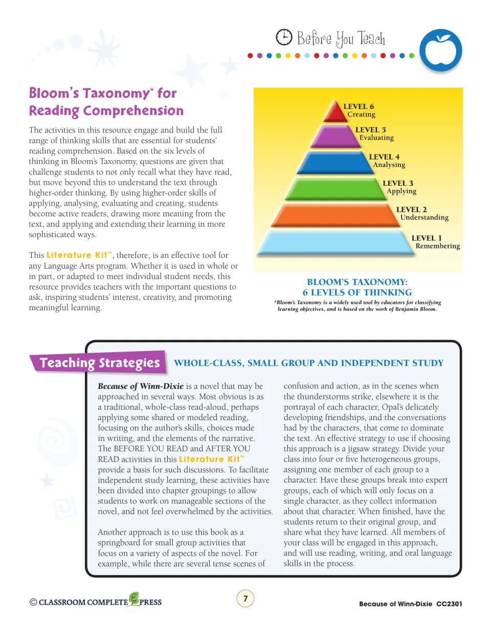 Teacher guidance explains six Bloom’s Taxonomy levels and whole-class, small-group, and independent study