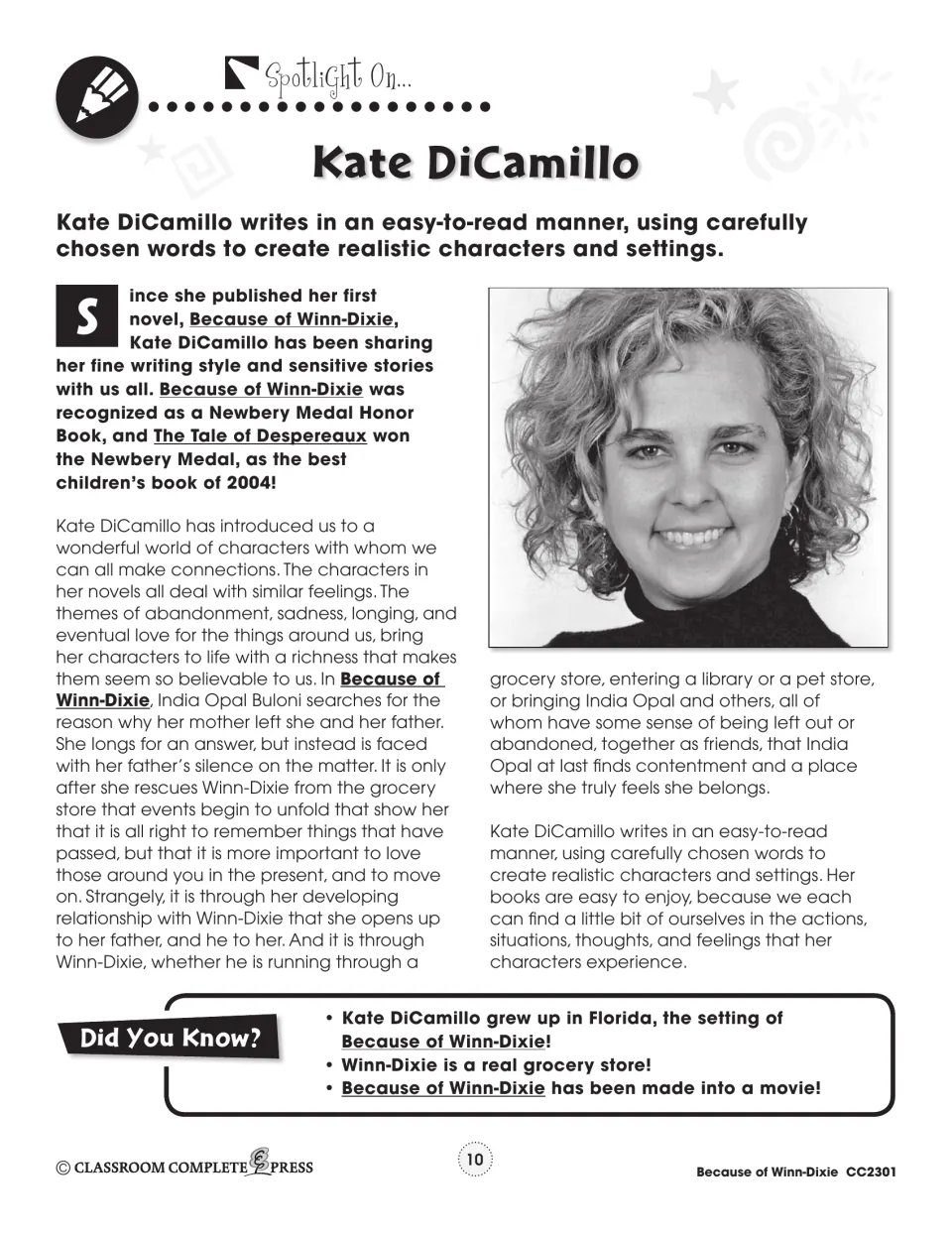 Author spotlight introduces Kate DiCamillo’s writing style, realistic characters, themes, and Newbery recognition