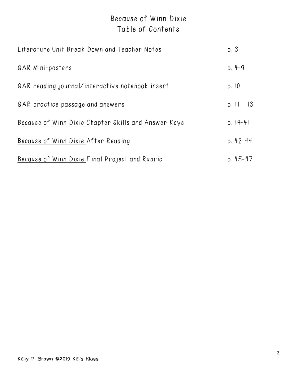 Table of contents: teacher notes, QAR mini-posters, notebook insert, practice passage, chapter skills and final project