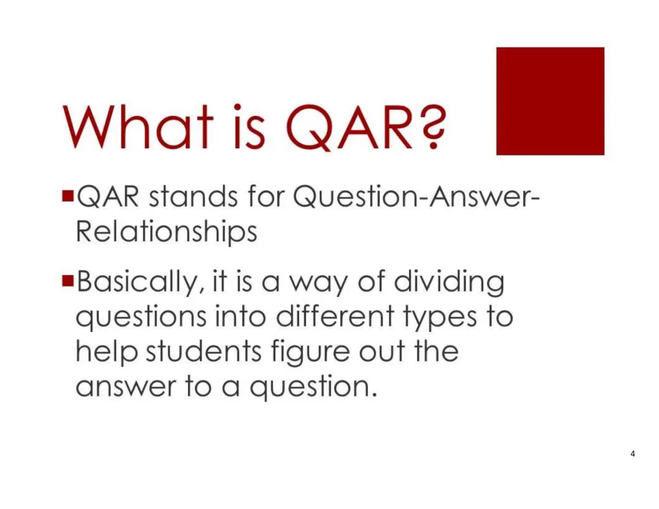 What is QAR? poster defining Question-Answer Relationships as a way of dividing questions into types to find answers
