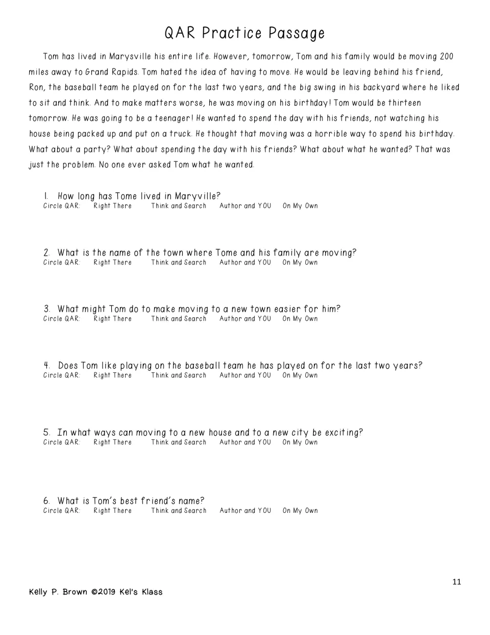QAR practice passage about Tom moving on his birthday: students answer six questions and circle the QAR type for each