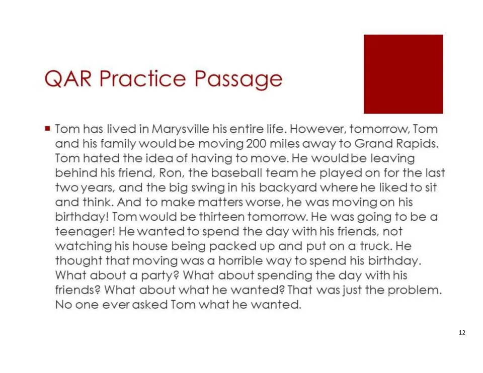 Slide of the Tom moving story, telling how he leaves his friend Ron and baseball team on his thirteenth birthday