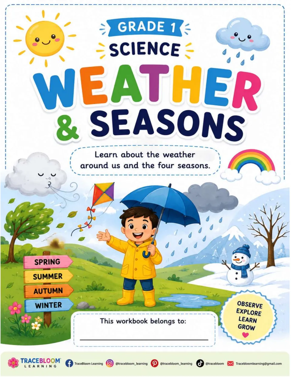 Workbook cover for Grade 1 science on weather and seasons, with a space to write the student's name