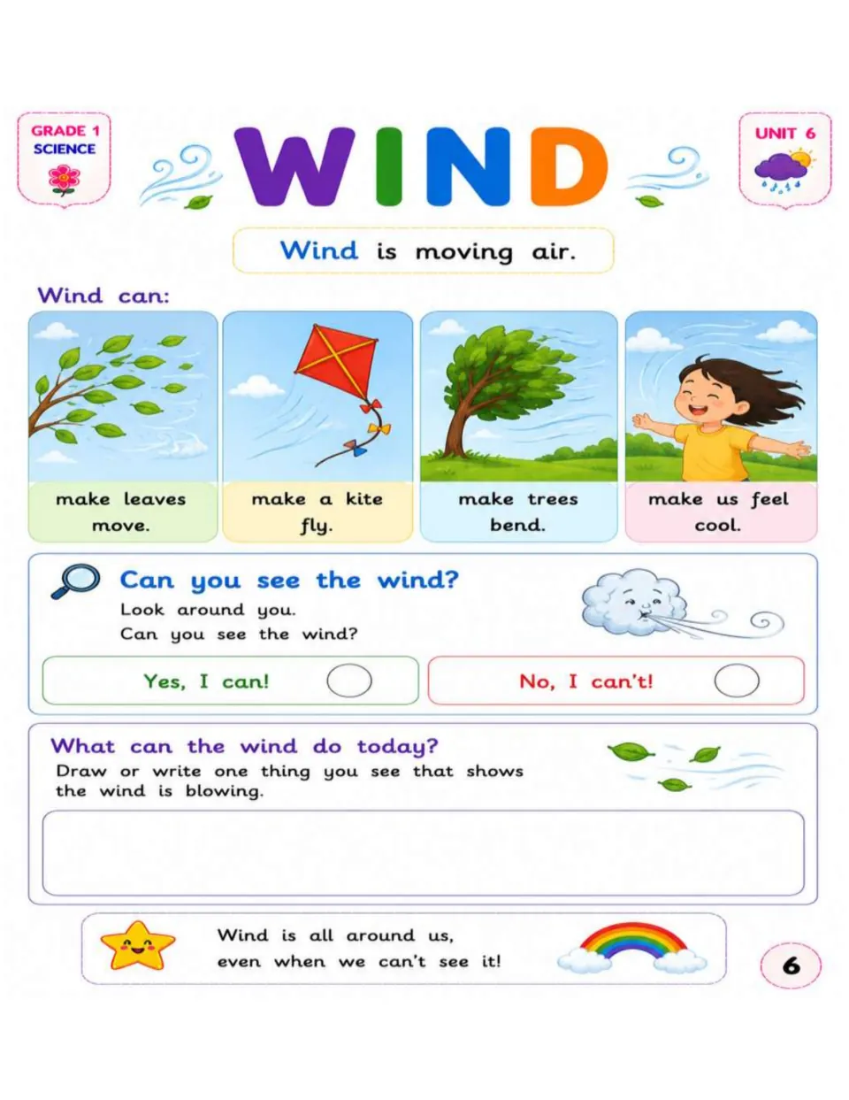 Wind lesson shows moving leaves, a flying kite, and bending trees, then asks students to draw or write evidence