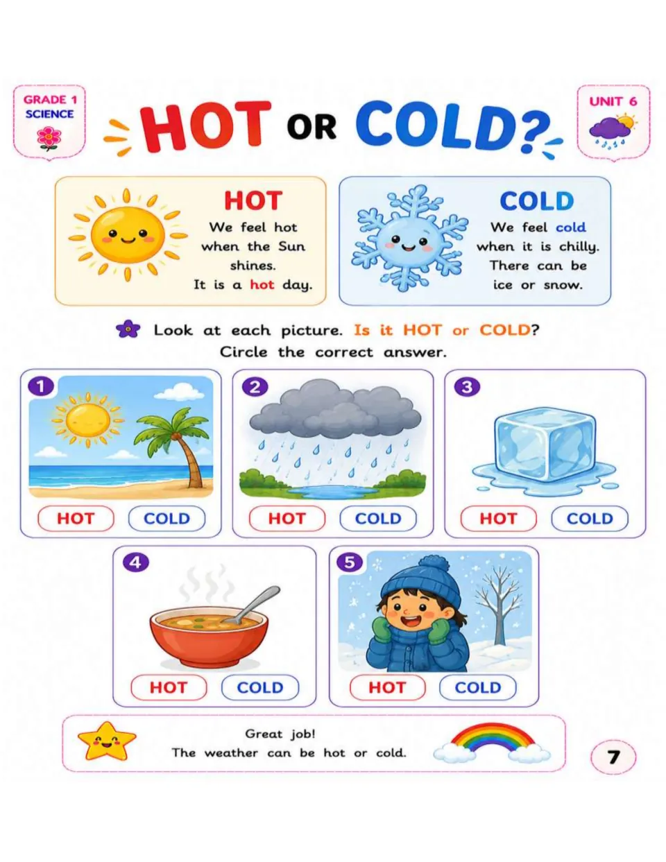 Hot and cold lesson asks students to classify five pictures: a beach, rain, ice, soup, and a bundled child