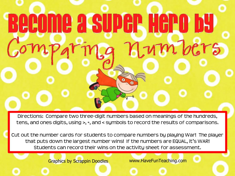 Become a Super Hero by Comparing Numbers cover: directions for a War card game comparing 3-digit numbers with >, = and <