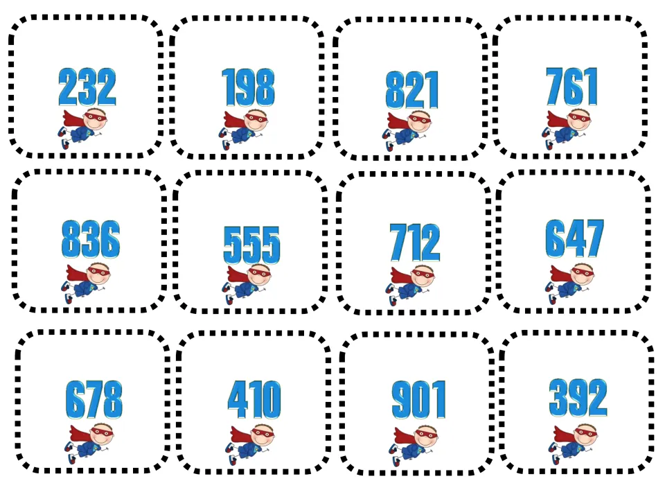 Superhero number cards: 12 three-digit cards to cut out, including 232, 198, 821, 761, 836, 555, 712 and 392