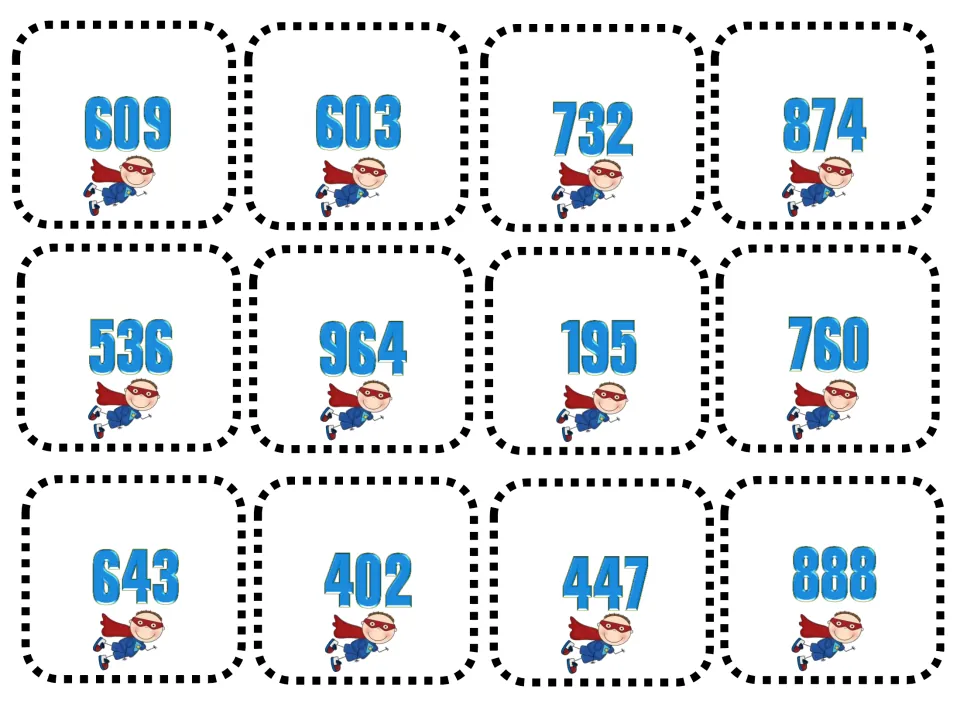 Three-digit number cards for comparing by place value: 609, 603, 732, 874, 536, 964, 195, 760, 643, 402, 447, 888