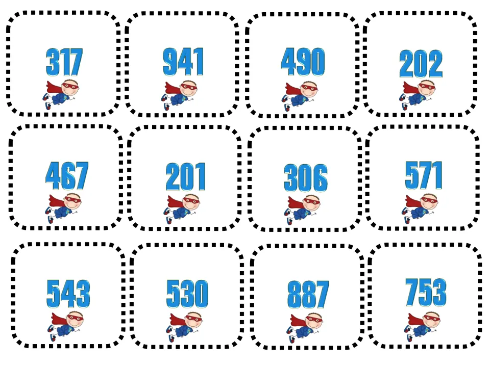 More cut-apart superhero cards with three-digit numbers 317, 941, 490, 202, 467, 201, 306, 571, 543, 530, 887 and 753