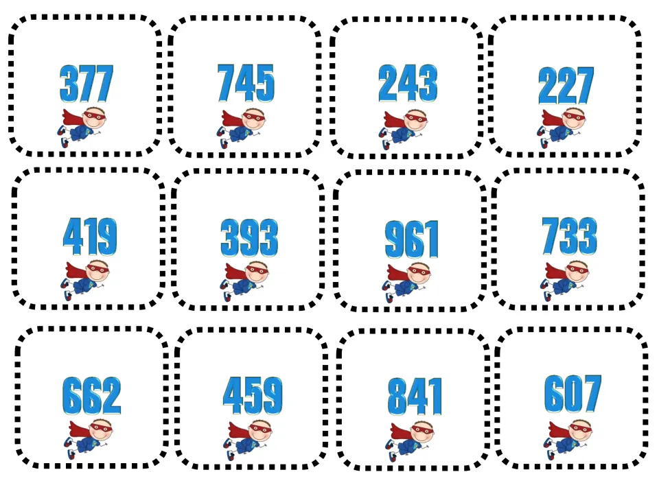 Number cards for the comparison game showing 377, 745, 243, 227, 419, 393, 961, 733, 662, 459, 841 and 607 to cut apart