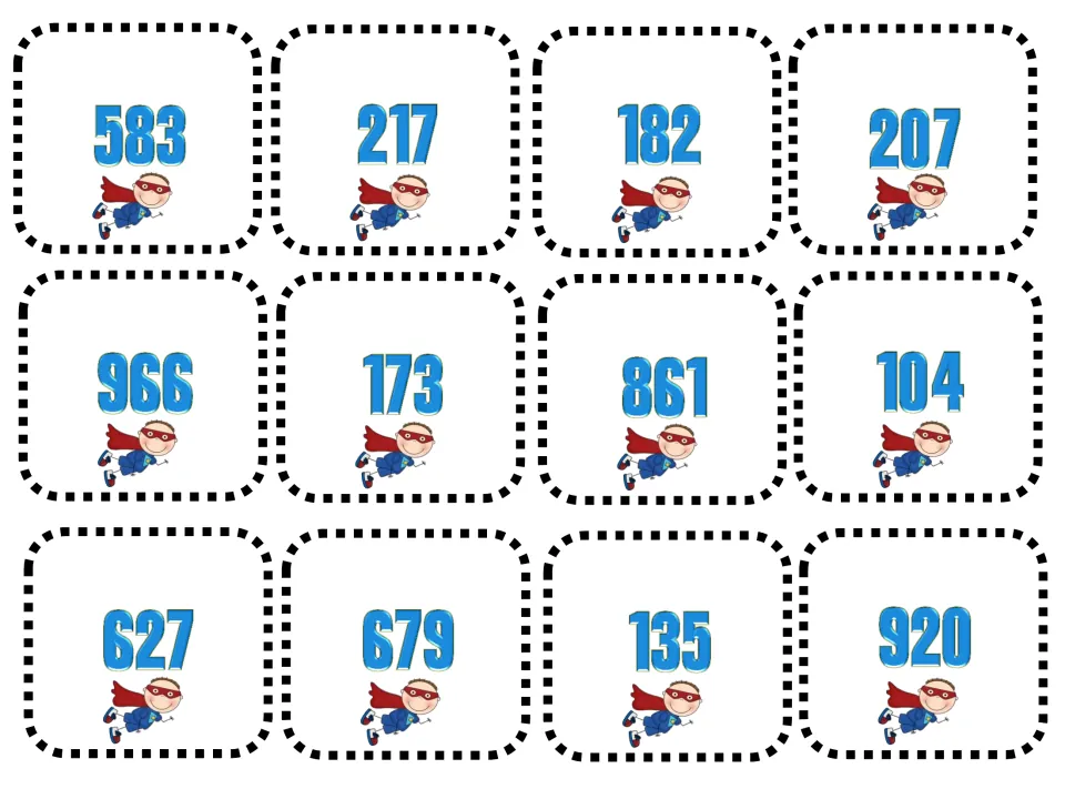 Superhero cards to cut out with three-digit numbers 583, 217, 182, 207, 966, 173, 861, 104, 627, 679, 135 and 920