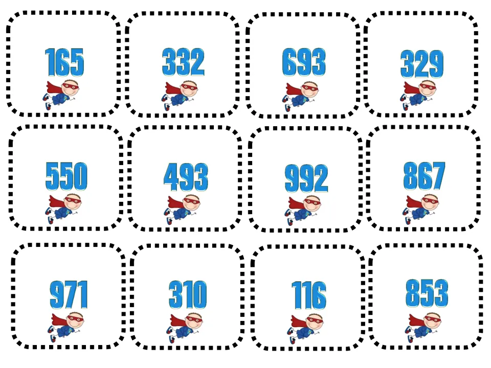 Card sheet to cut apart: 165, 332, 693, 329, 550, 493, 992, 867, 971, 310, 116 and 853 with a flying superhero
