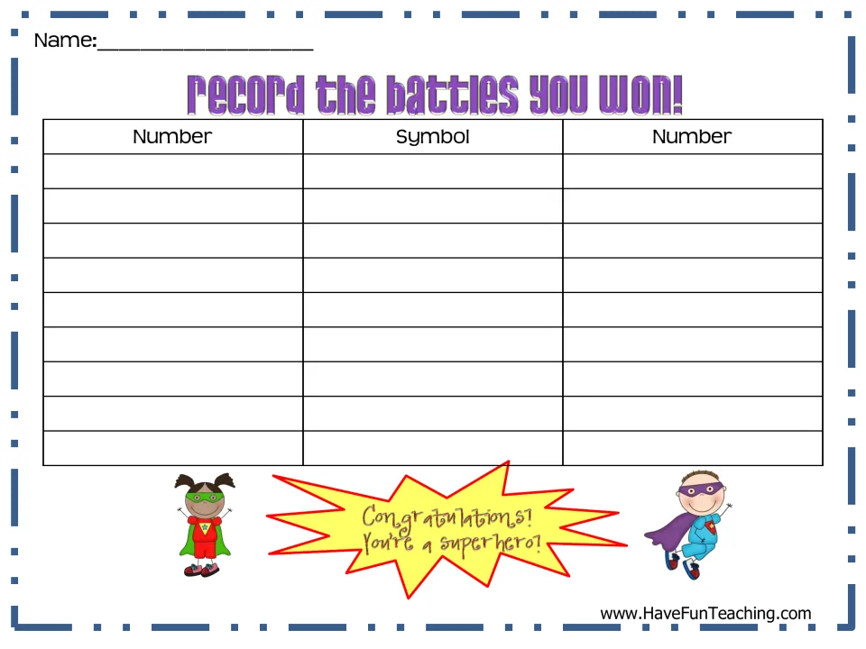 Record the Battles You Won: students write each winning pair as Number, Symbol, Number to log comparisons with >, = or <