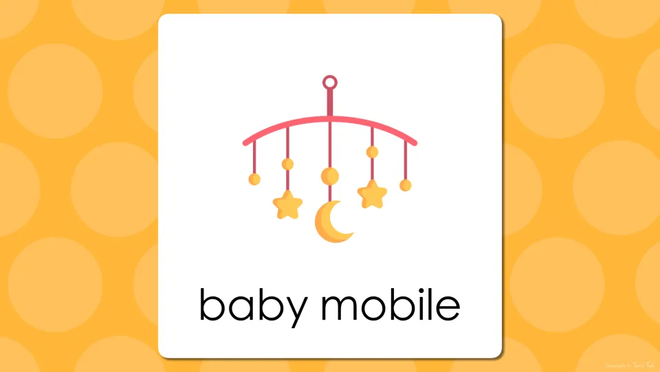 Bedroom vocabulary presentation slide pairing the words “baby mobile” with the preceding slide's illustration
