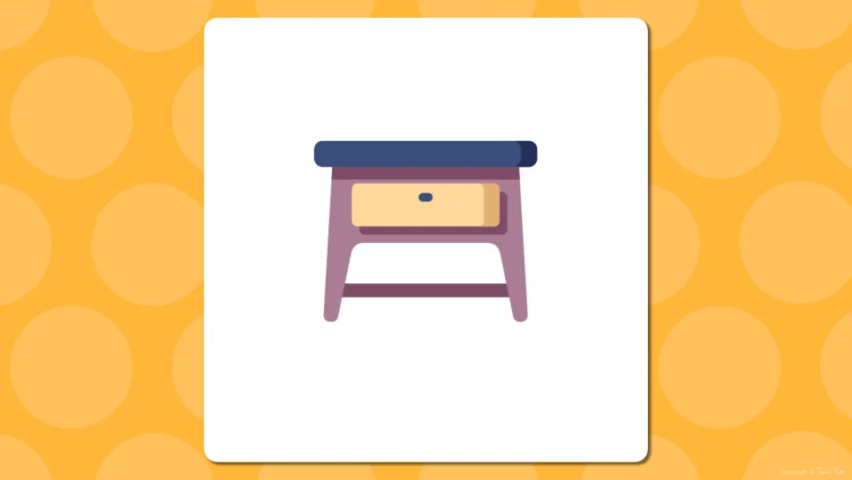 Bedroom vocabulary presentation slide showing a bedside table without its word label, before the labeled slide