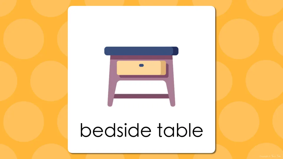 Bedroom vocabulary presentation slide pairing the words “bedside table” with the preceding slide's illustration