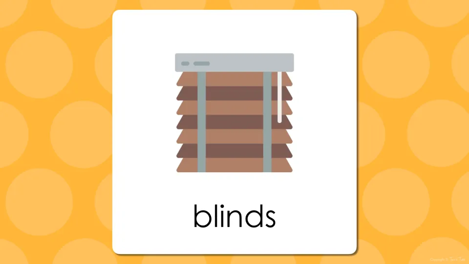 Bedroom vocabulary presentation slide pairing the word “blinds” with the preceding slide's illustration