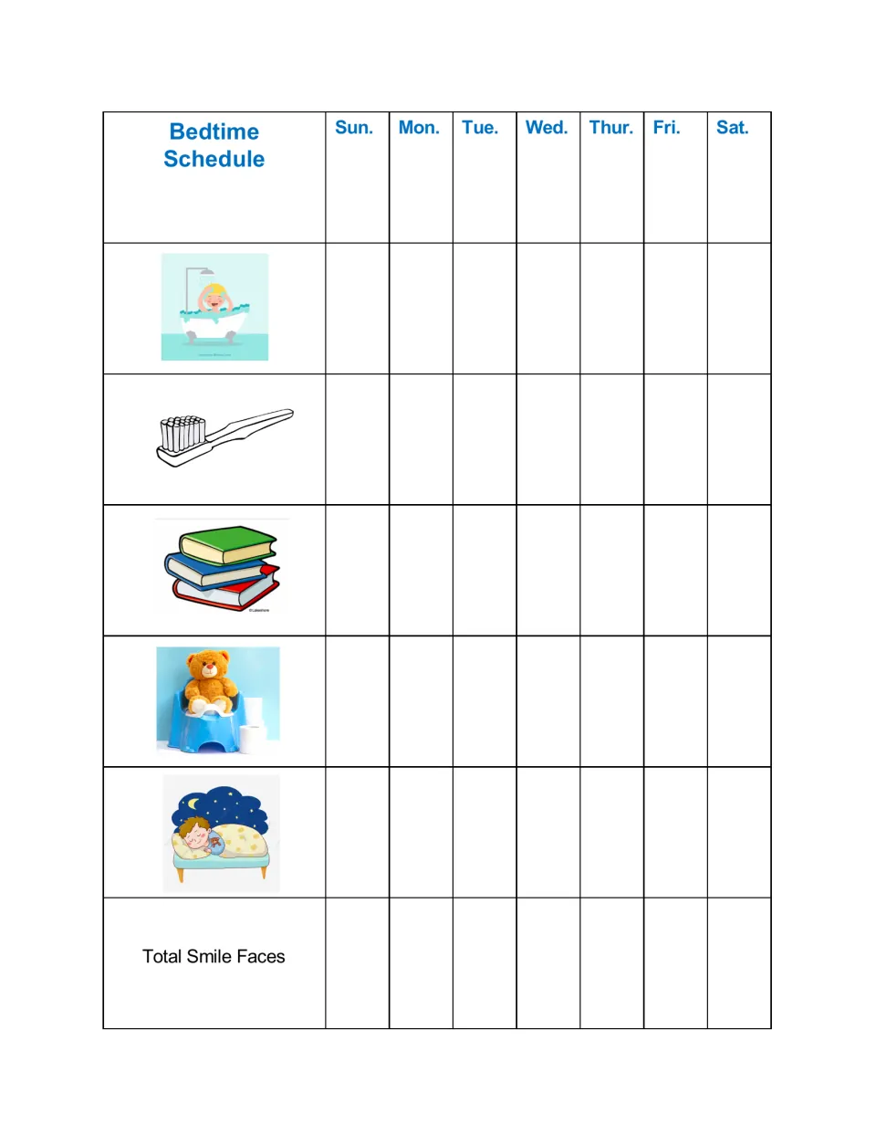 Bedtime routine tracker: children earn a smile face each night for bath, brushing teeth, reading, potty and sleep