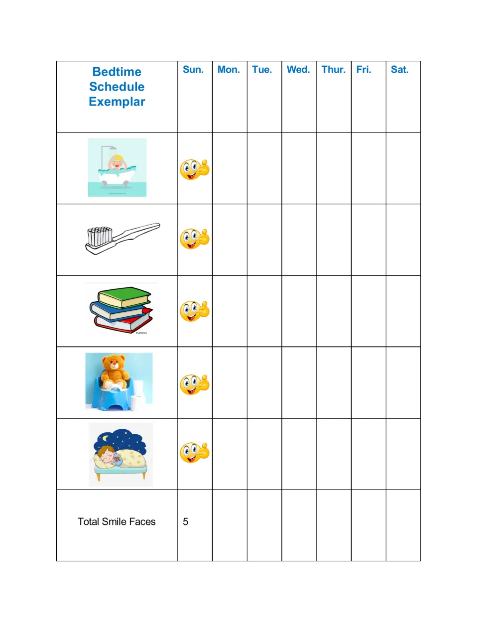 Bedtime Schedule Exemplar: Sunday filled in with a thumbs-up smile face for all five steps and a total of 5
