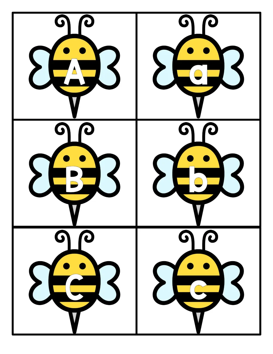 Letters A, B and C on six cartoon bee cards, one uppercase or lowercase letter each, for matching Aa, Bb and Cc