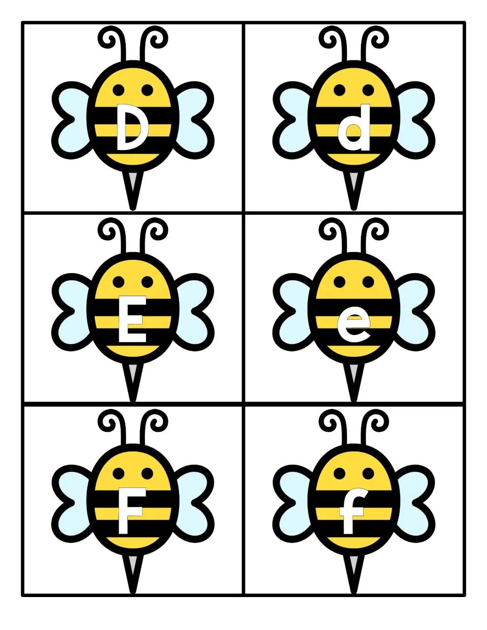 Letters D, E and F on striped bee cards, capital and small forms of each letter so children can match Dd, Ee and Ff