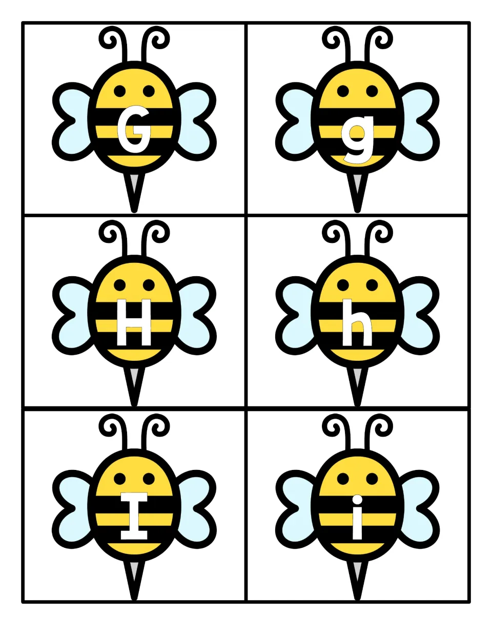 Letters G, H and I printed on smiling bees, a capital or lowercase letter per card, for pairing Gg, Hh and Ii
