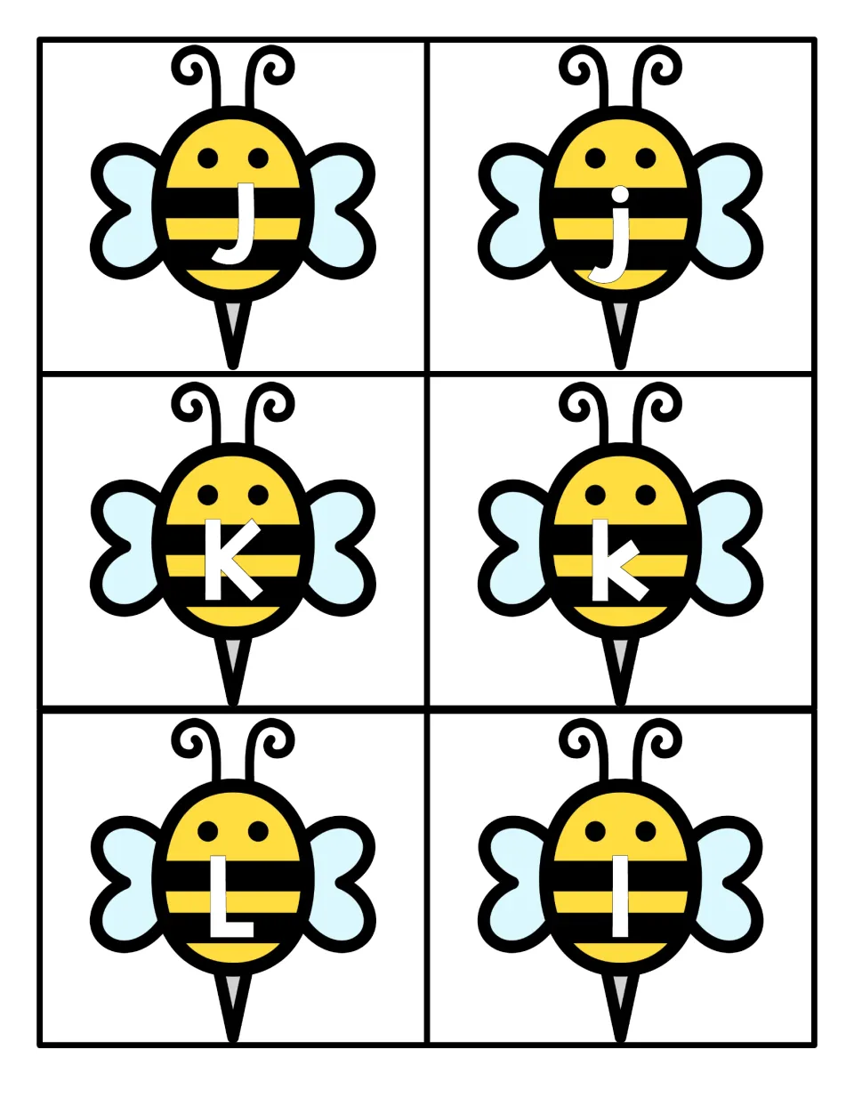 Letters J, K and L shown on yellow bee cards in uppercase and lowercase, for letter recognition and matching Jj, Kk, Ll