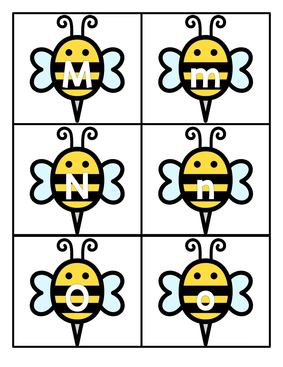 Letters M, N and O: bee cards pairing each capital with its lowercase partner so children can match Mm, Nn and Oo