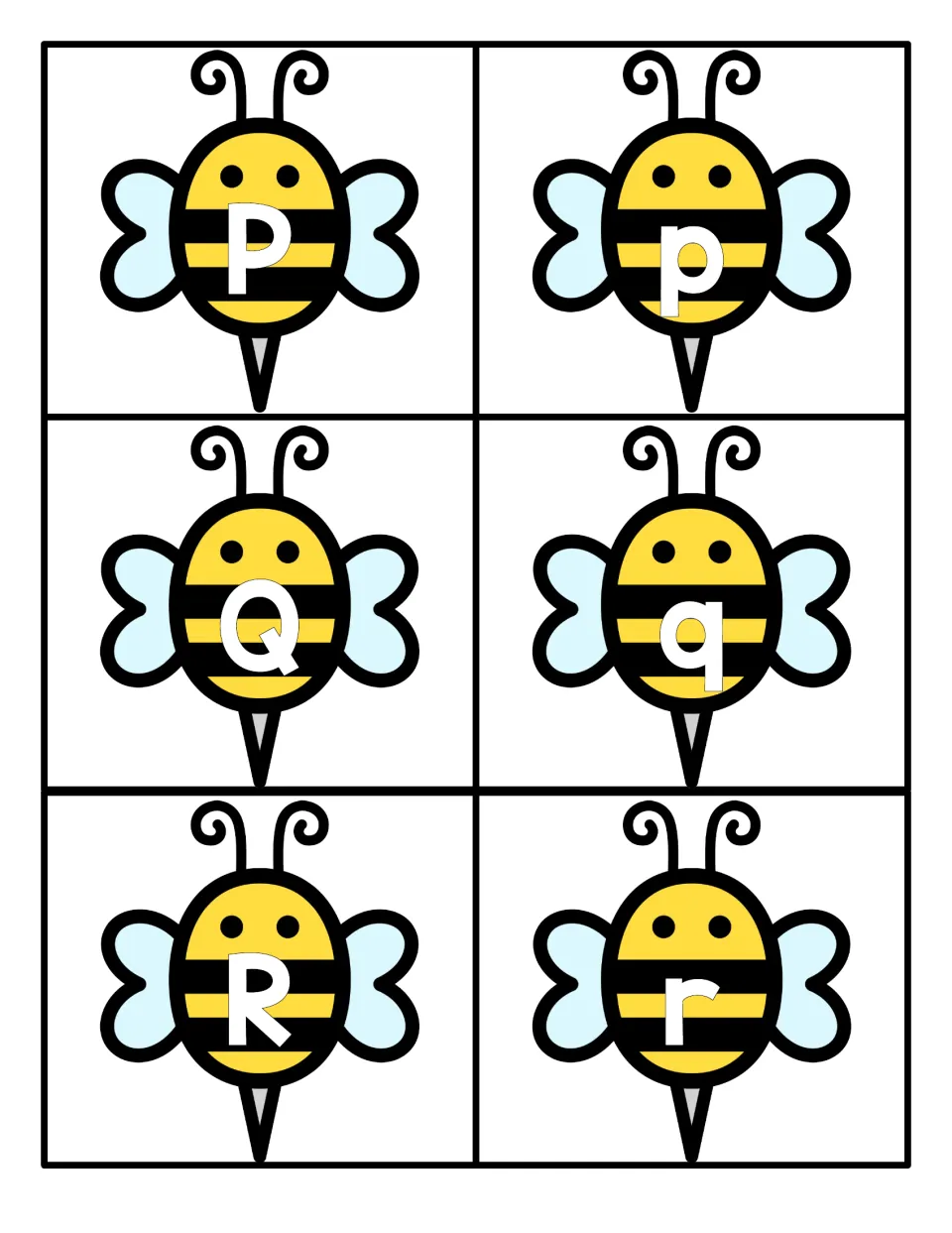 Letters P, Q and R on bee cards, uppercase and lowercase forms for matching Pp, Qq and Rr, including look-alike p and q