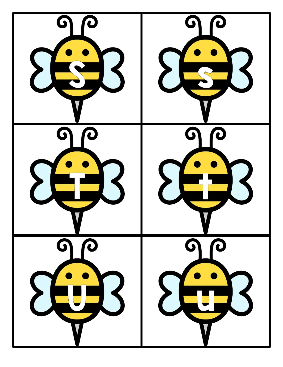Letters S, T and U on cartoon bees with antennae and wings; children name each letter and pair Ss, Tt and Uu by case