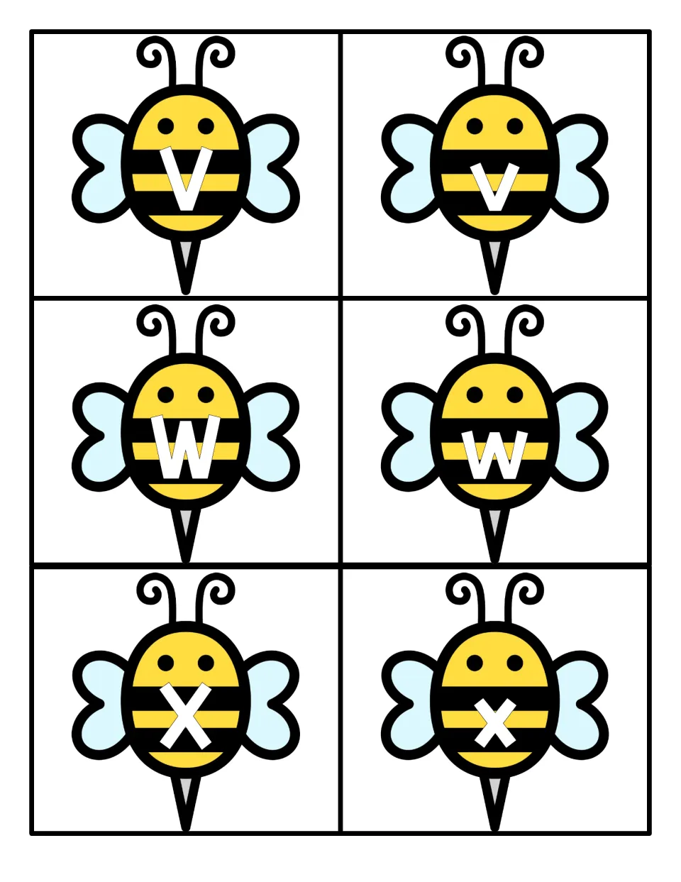 Letters V, W and X on bee cards in capital and lowercase forms, for recognizing letters and matching Vv, Ww and Xx