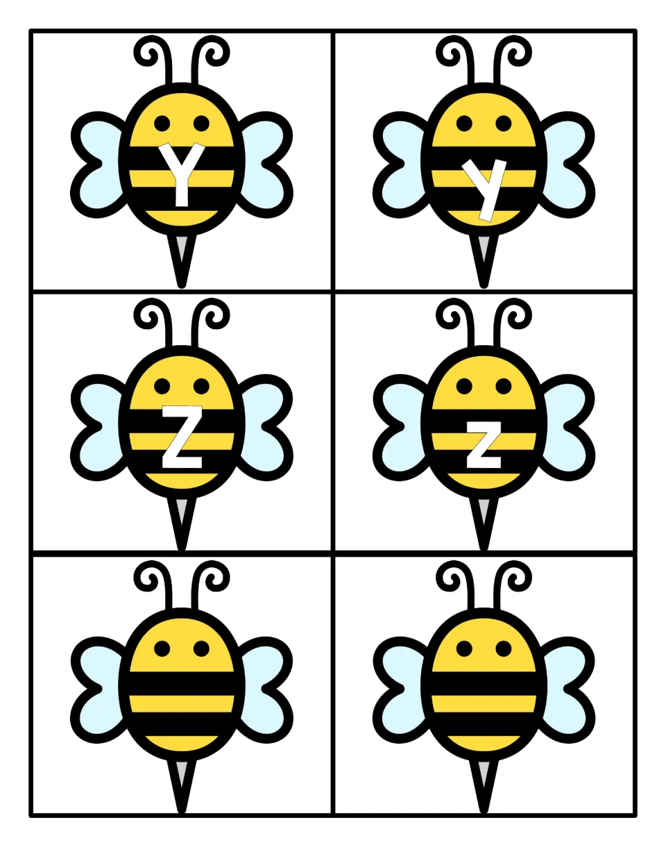 Letters Y and Z on bee cards for matching Yy and Zz, plus two blank bees with no letter that end the A to Z alphabet set