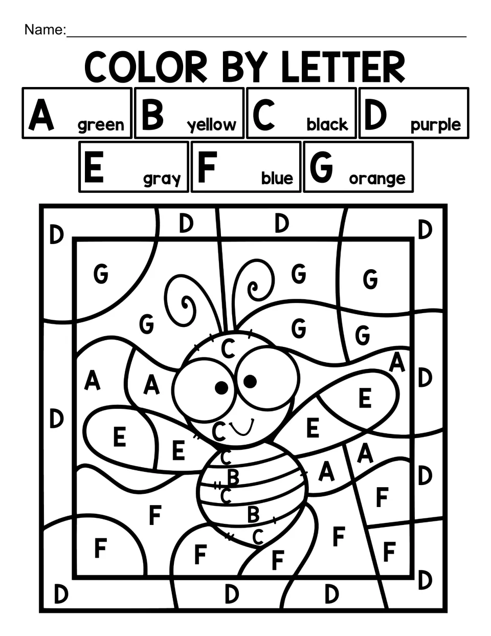 Capital-letter coloring worksheet 1: a bee with A–G codes, including A for green and B for yellow.