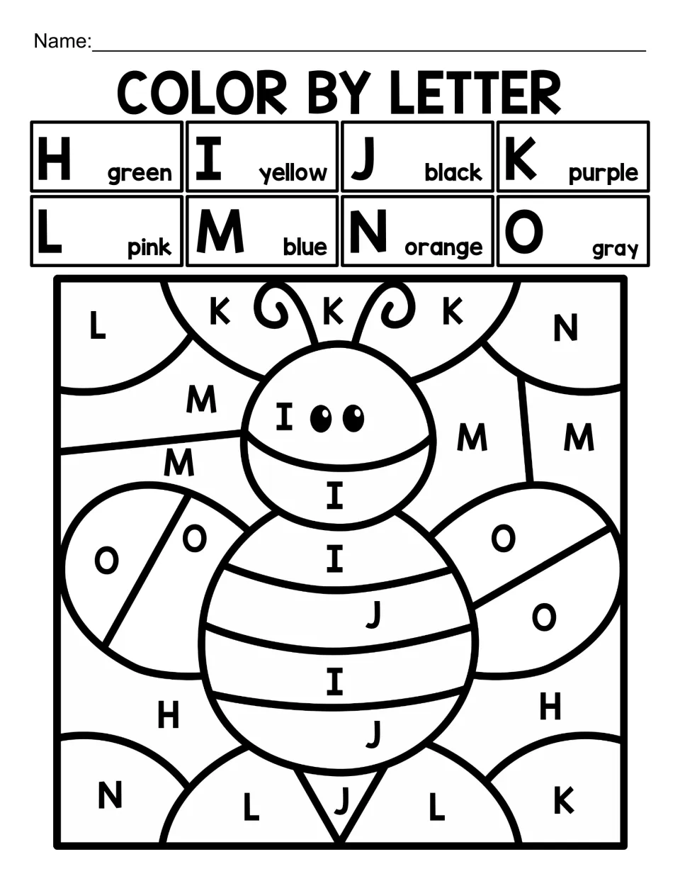 Capital-letter coloring worksheet 2: a bee with H–O codes, including I for yellow and J for black.