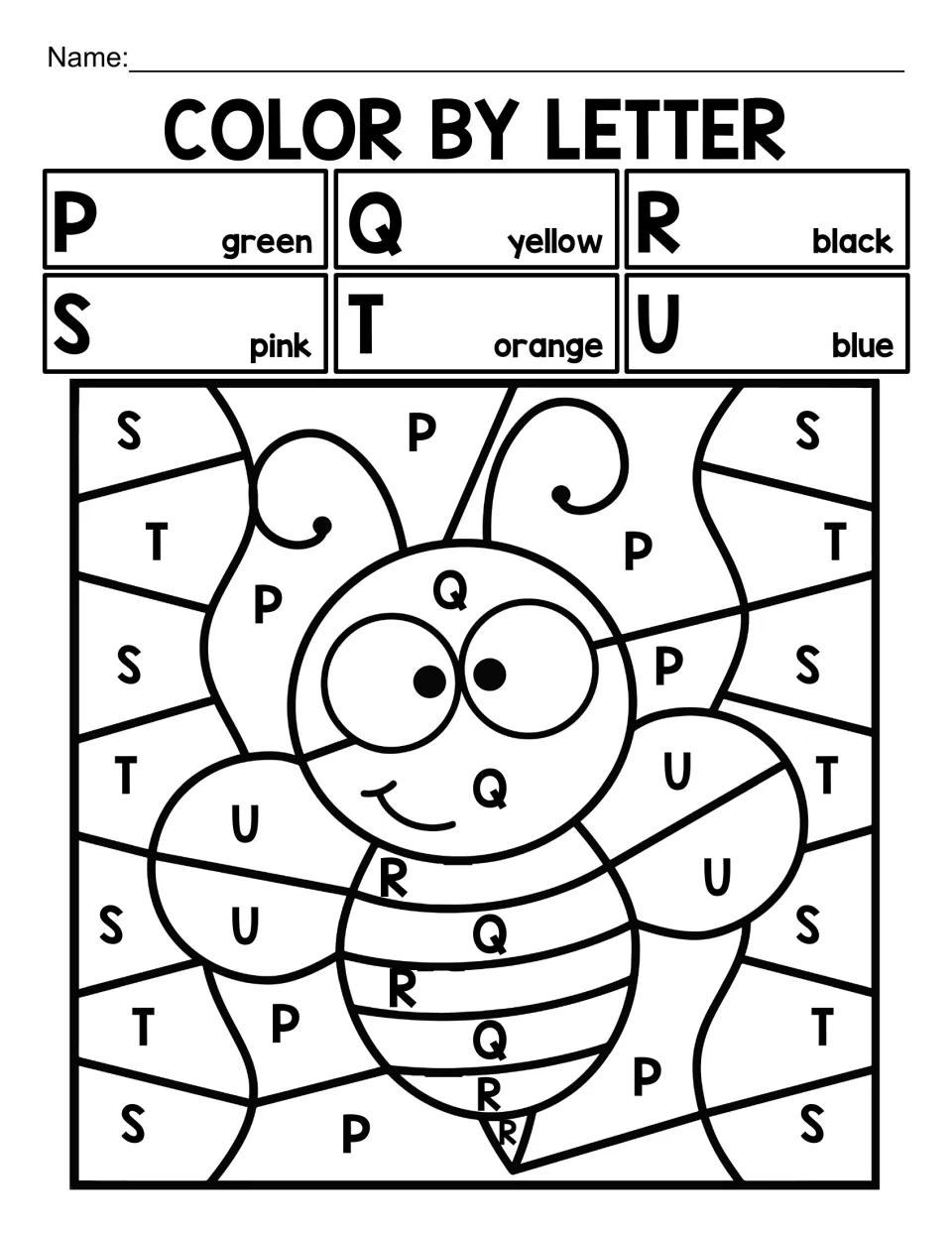 Capital-letter coloring worksheet 3: a bee with P–U codes, including Q for yellow and U for blue.