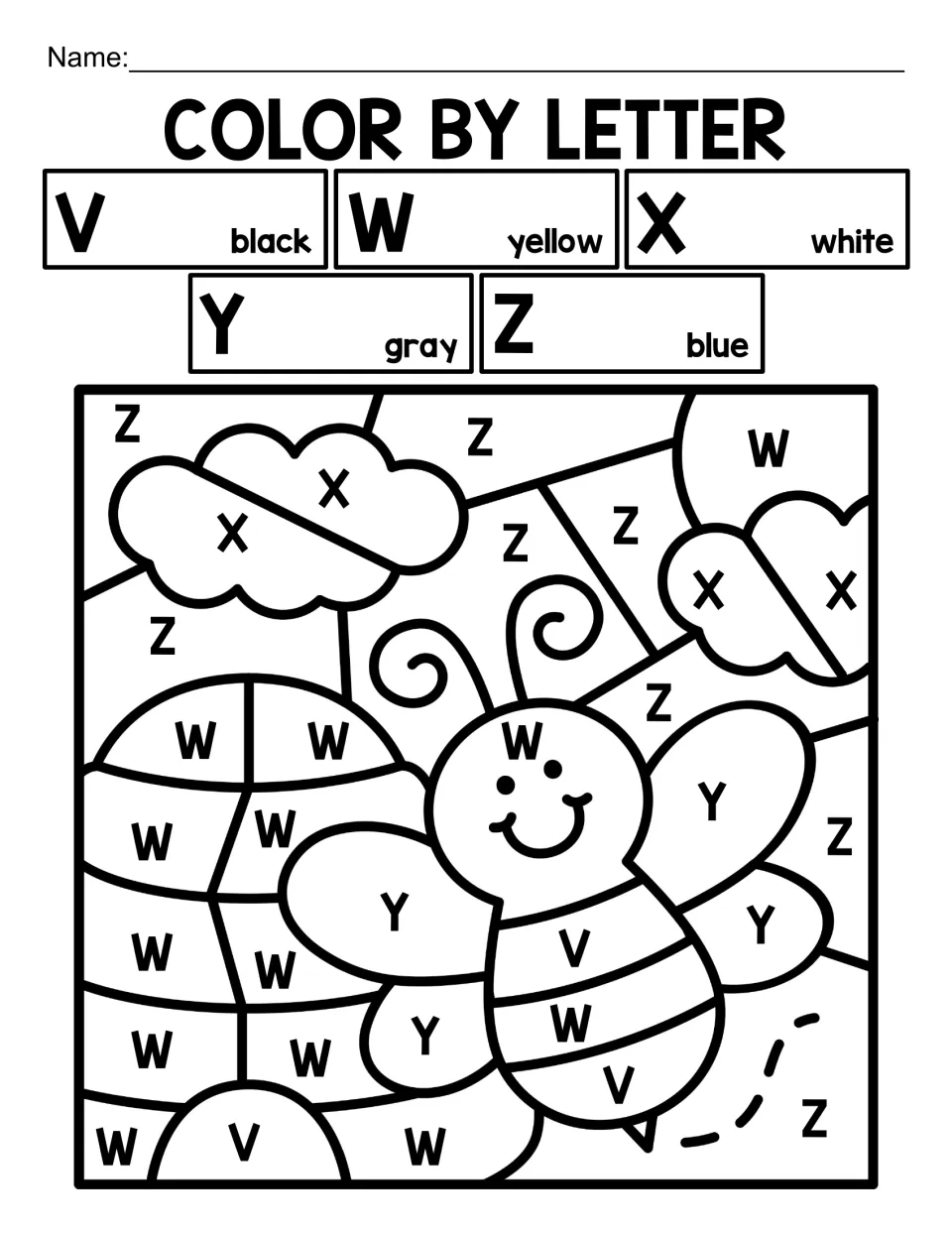 Capital-letter coloring worksheet 4: a bee beside a hive, using V–Z codes with X for white clouds.