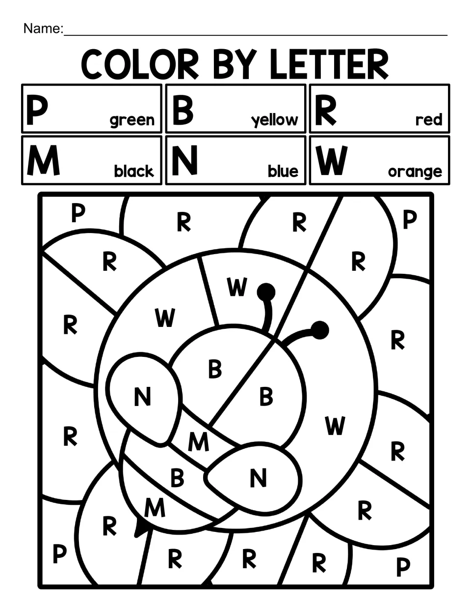 Capital-letter coloring worksheet 5: a bee on a flower, using P, B, R, M, N, and W color codes.