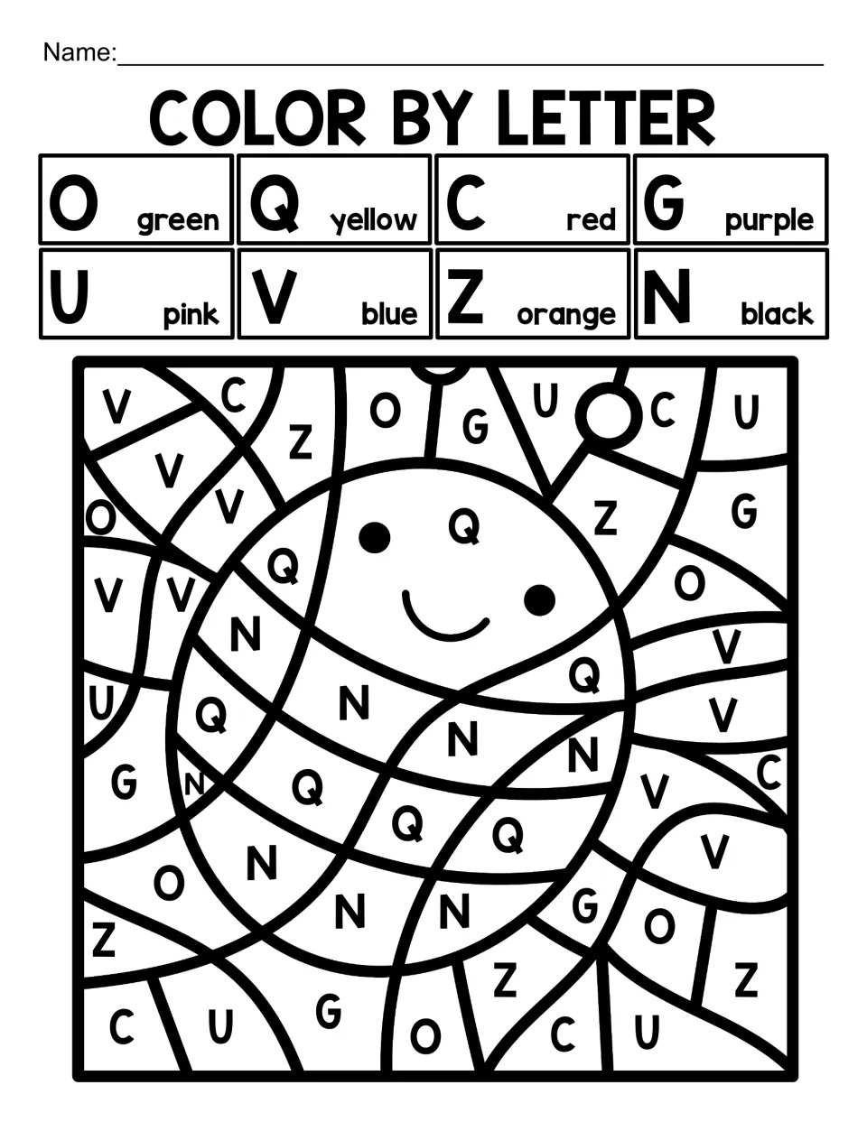 Capital-letter coloring worksheet 6: a smiling bee, using O, Q, C, G, U, V, Z, and N color codes.