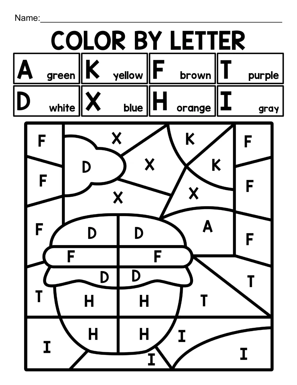 Capital-letter coloring worksheet 7: a honey jar outdoors, using A, K, F, T, D, X, H, and I codes.