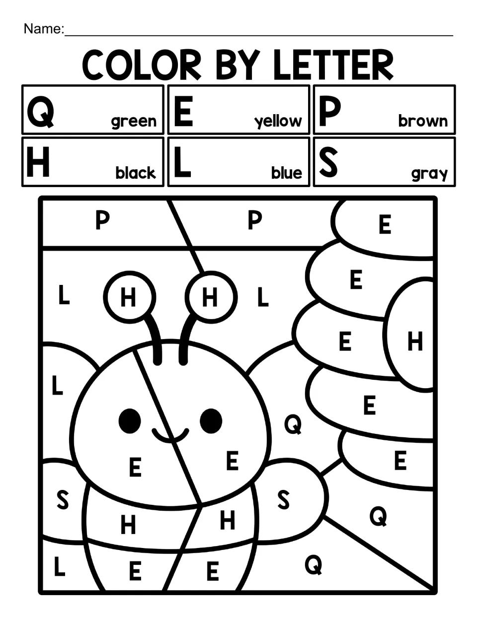 Capital-letter coloring worksheet 8: a bee beside a hanging hive, using Q, E, P, H, L, and S codes.