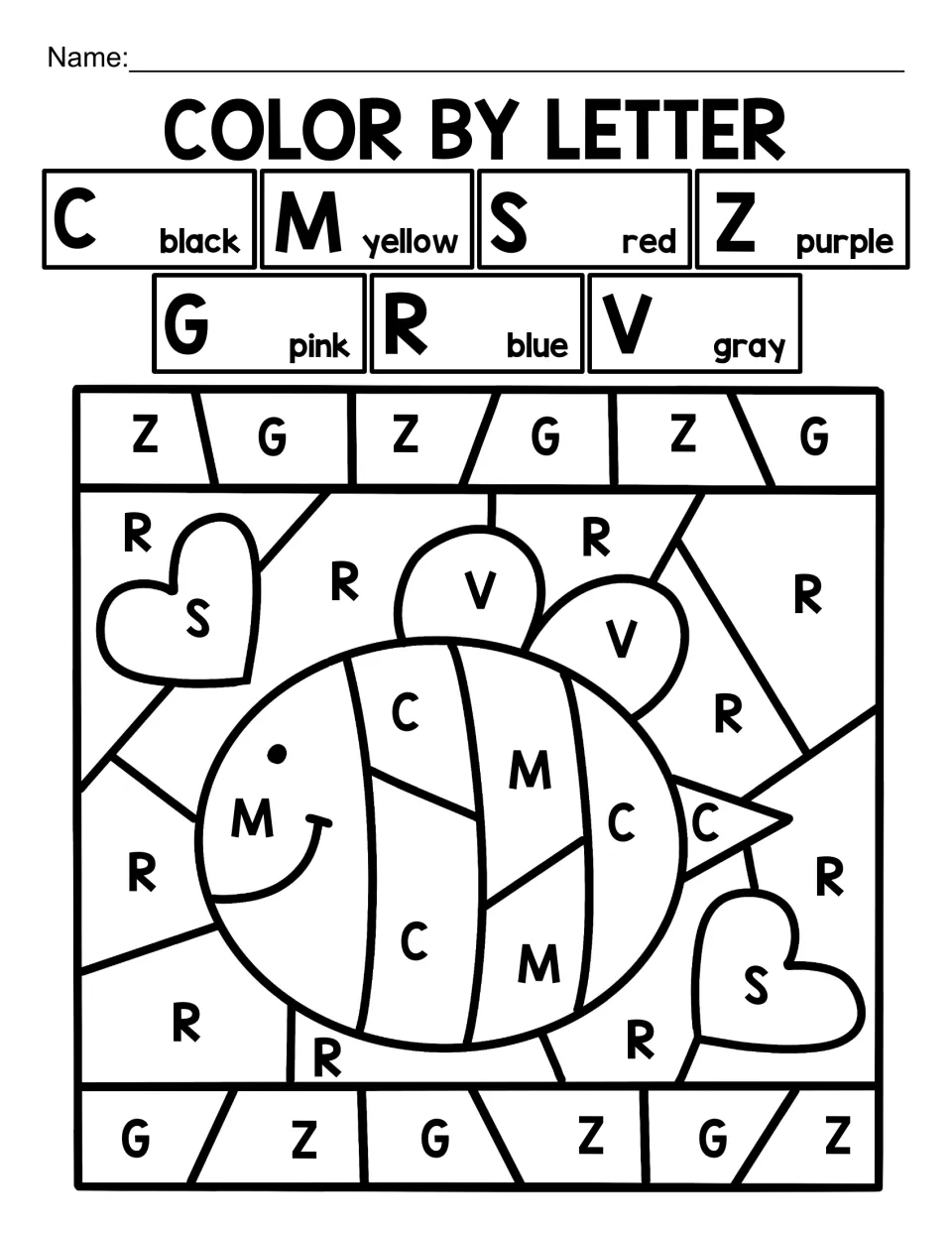 Capital-letter coloring worksheet 9: a bee and two hearts, using C, M, S, Z, G, R, and V codes.