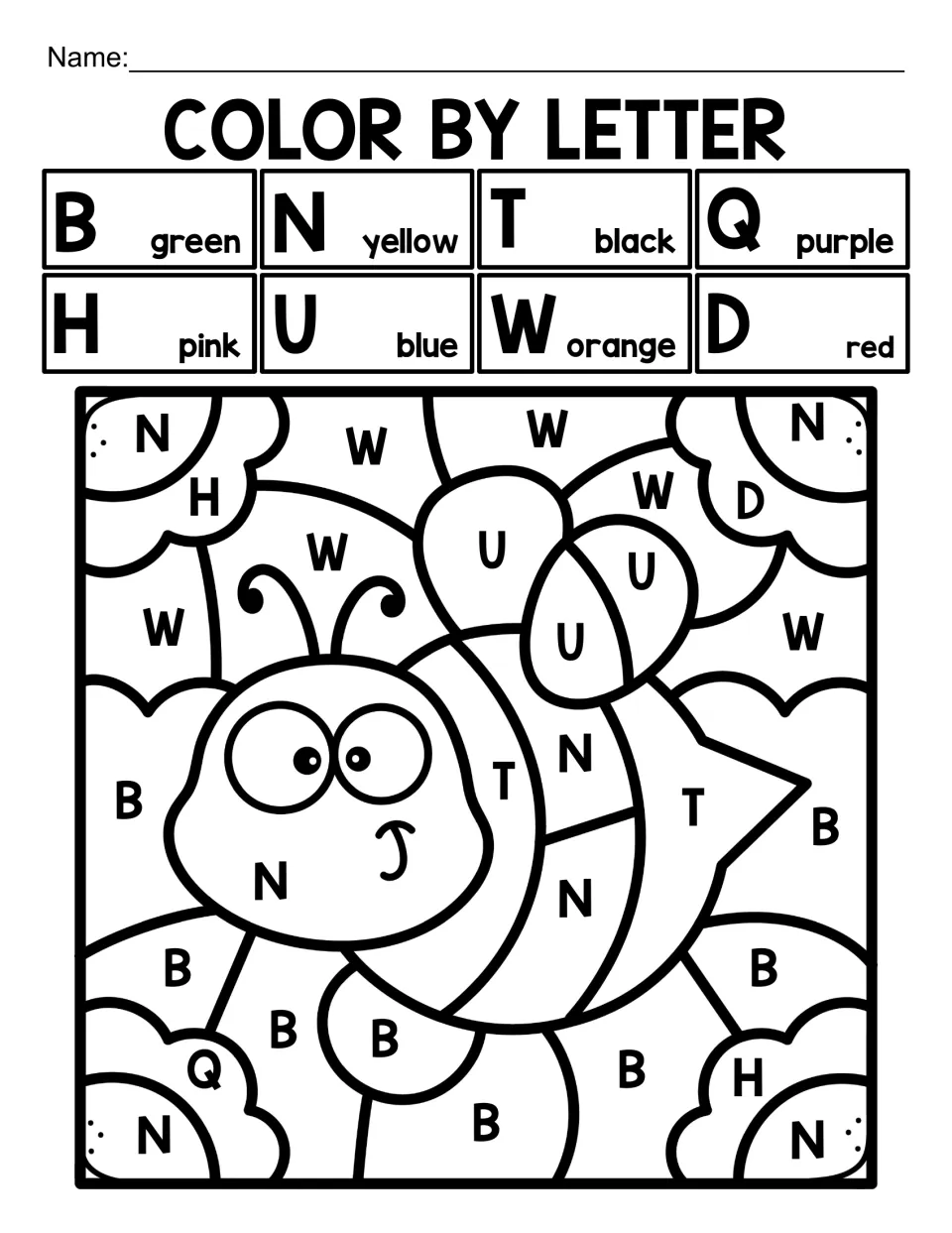 Capital-letter coloring worksheet 10: a bee among flowers, using B, N, T, Q, H, U, W, and D codes.